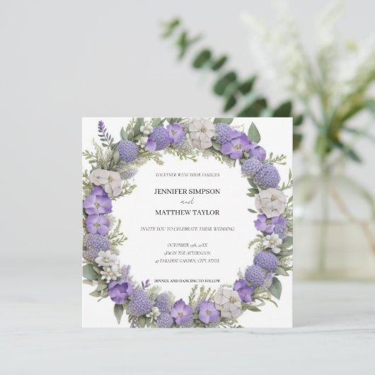 Boho Floral krans in Paarse & witte retro bruiloft Kaart (Staand voorkant)