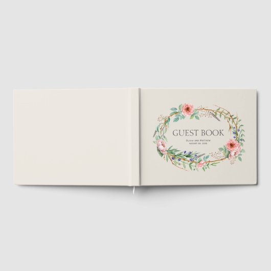 Boho Floral Krans met uw aangepaste tekst Gastenboek (Volledig)