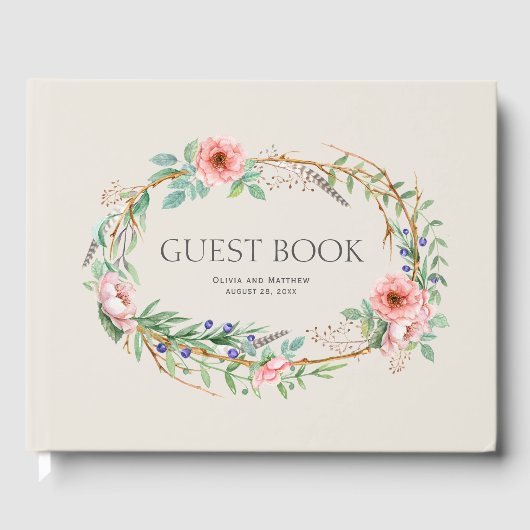 Boho Floral Krans met uw aangepaste tekst Gastenboek (Voorkant)