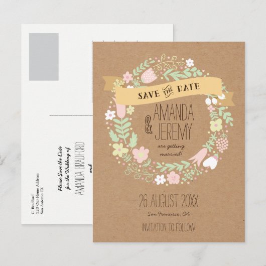 Boho Floral Krans Pastel Rustiek Save the Date Aankondigingskaart (Voorkant / Achterkant)
