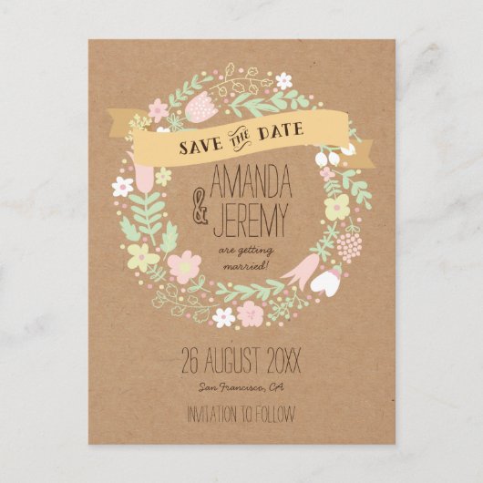 Boho Floral Krans Pastel Rustiek Save the Date Aankondigingskaart (Voorkant)