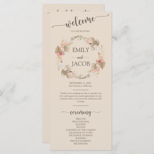 Boho Floral Krans Script Wedding Flat Programma Programmakaart (Voorkant / Achterkant)
