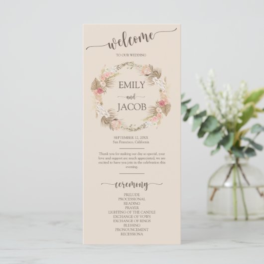 Boho Floral Krans Script Wedding Flat Programma Programmakaart (Staand voorkant)