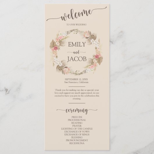 Boho Floral Krans Script Wedding Flat Programma Programmakaart (Voorkant)