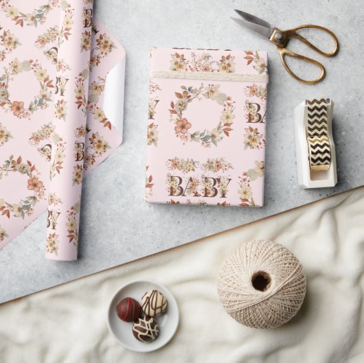 Boho Floral krans Waterverf roze Baby cadeau Cadeaupapier (Crafts)
