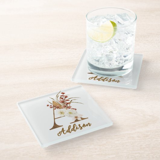 Boho Floral letter A Monogram Huwelijksgunst Glazen Onderzetter (Schuin)