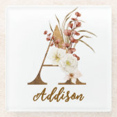 Boho Floral letter A Monogram Huwelijksgunst Glazen Onderzetter (Voorkant)