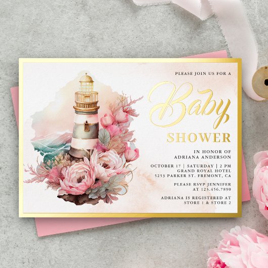 Boho Floral Lighthouse Nautical Baby shower Gold Folie Uitnodiging