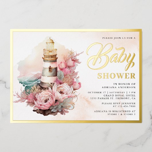 Boho Floral Lighthouse Nautical Baby shower Gold Folie Uitnodiging (Voorkant)