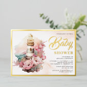 Boho Floral Lighthouse Nautical Baby shower Gold Folie Uitnodiging (Staand Voorkant)