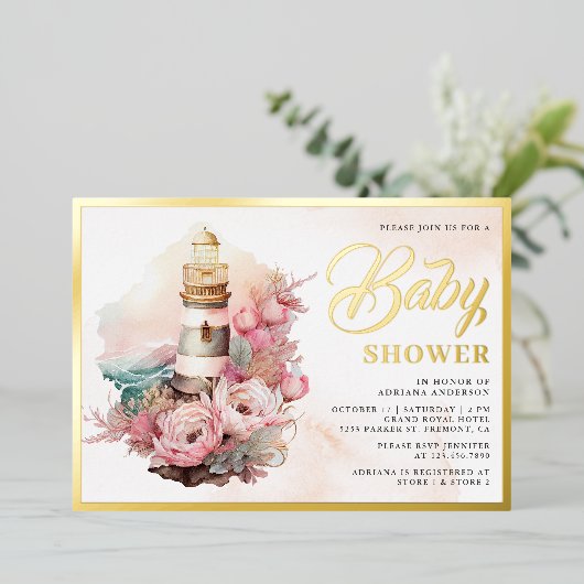 Boho Floral Lighthouse Nautical Baby shower Gold Folie Uitnodiging (Staand Voorkant)