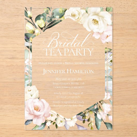 Boho Floral Lijst Bruids Tea Party Vrijgezellenfee Acryl Uitnodigingen (Voorkant)