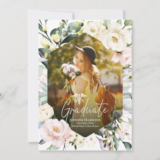 Boho Floral Lijst Foto Medische Graduation Party Kaart (Voorkant)