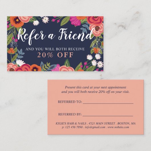 Boho Floral Lijst - Navy Blue Verwijs een vriend Aanbevelingskaartje (Voorkant / Achterkant)