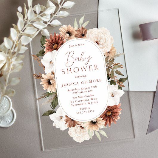 Boho Floral Lijst Neutraal Baby shower Acryl Uitnodigingen