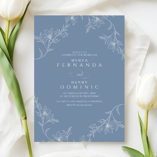 Boho Floral Line Art Dusty Blue Wedding Kaart