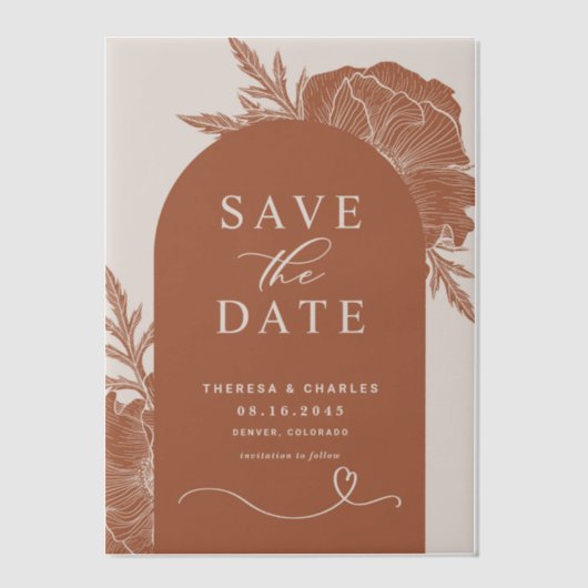 Boho Floral Line Art Terracotta Arch Bewaar de dat Vellum Uitnodigingen (Voorkant)