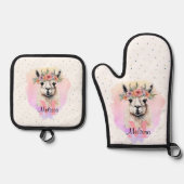 Boho Floral Llama Wildflowers Monogram  Ovenwant & Pannenlap Set (Voorkant)