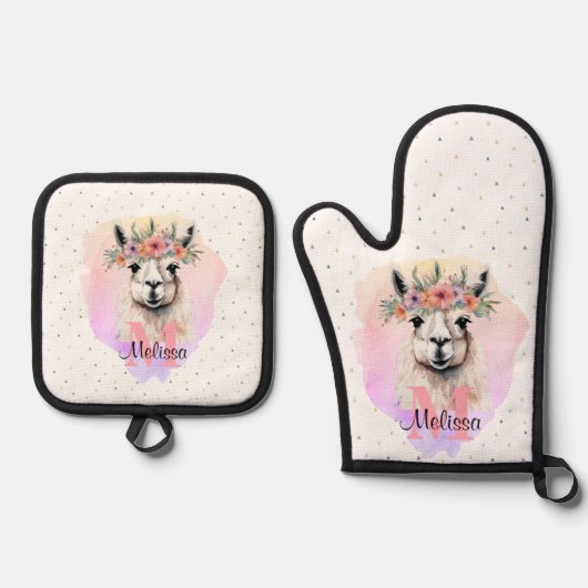 Boho Floral Llama Wildflowers Monogram  Ovenwant & Pannenlap Set (Voorkant)