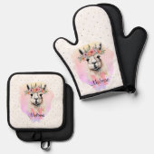 Boho Floral Llama Wildflowers Monogram  Ovenwant & Pannenlap Set (Voorkant / Achterkant)