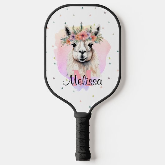 Boho Floral Llama Wildflowers Monogram  Pickleball Paddle (Voorkant)