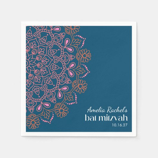 Boho Floral Mandala Blauwgroen Blue Bat Mitzvah Cu Servet (Voorkant)