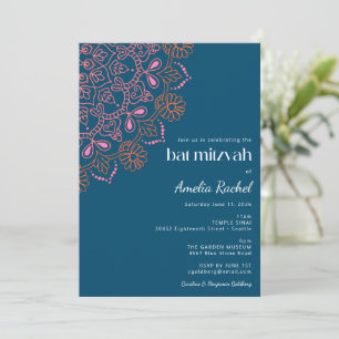Boho Floral Mandala Blauwgroen Blue Bat Mitzvah Kaart