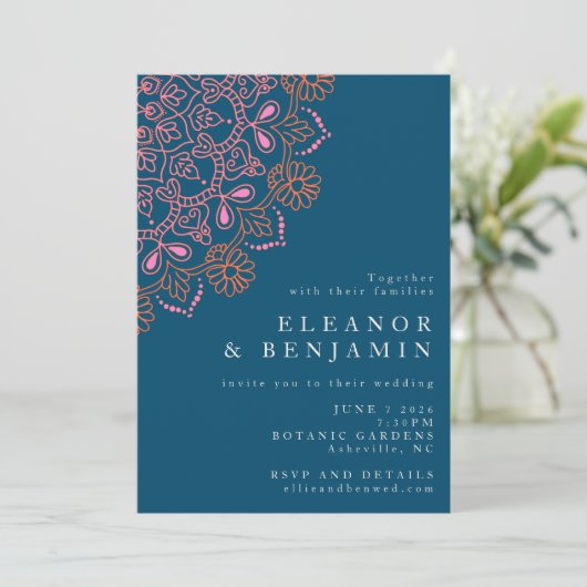Boho Floral Mandala Blauwgroen Blue Elegant Weddin Kaart (Staand voorkant)