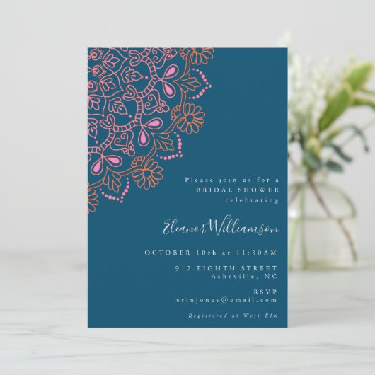 Boho Floral Mandala Blauwgroen Blue Vrijgezellenfe Kaart (Staand voorkant)