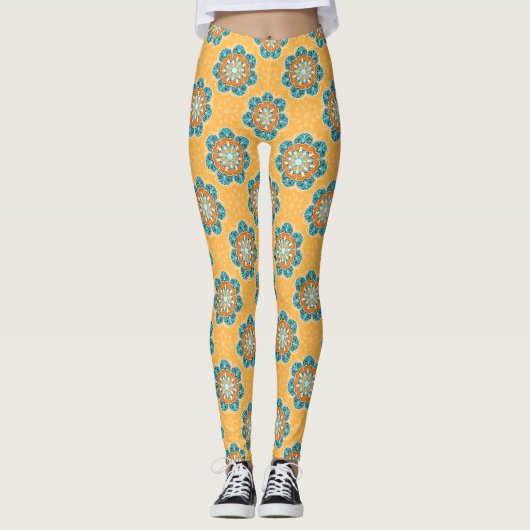 Boho Floral Mandala Tegel in Sinaasappel & Blauwgr Leggings (Voorkant)