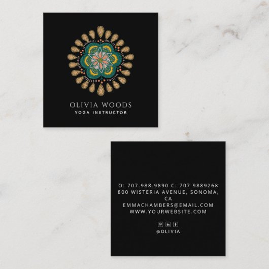 Boho Floral Mandala Yoga Instructor Vierkante Visitekaartje (Voorkant / Achterkant)