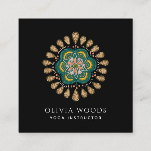 Boho Floral Mandala Yoga Instructor Vierkante Visitekaartje (Voorkant)
