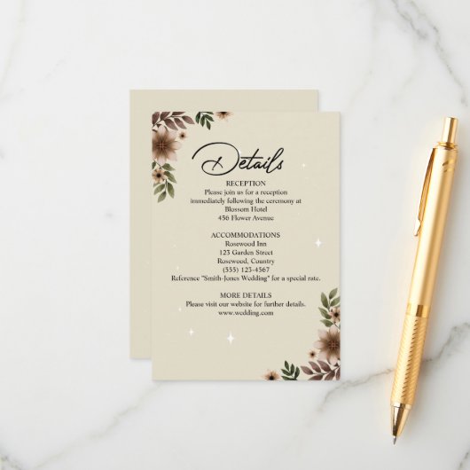 Boho Floral minimalistische bruiloft Informatiekaartje (Voorkant / Achterkant in situ)