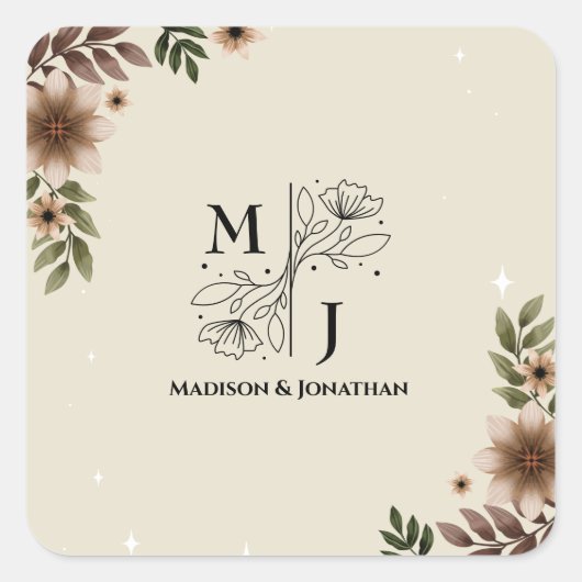Boho Floral minimalistische bruiloft Vierkante Sticker (Voorkant)