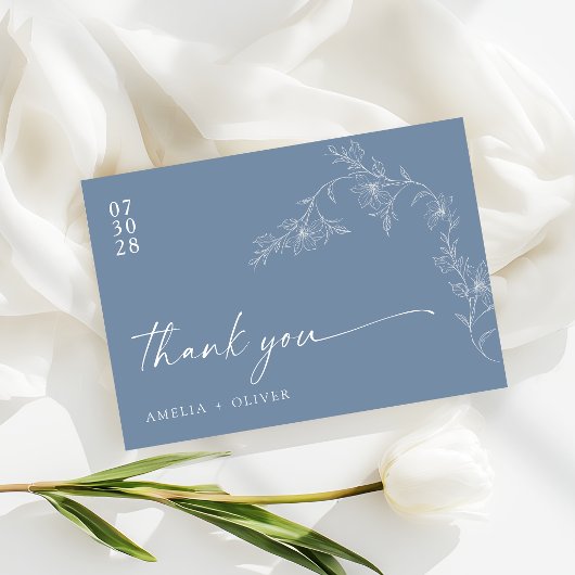 Boho Floral Modern Dusty Blue Wedding Bedankkaart