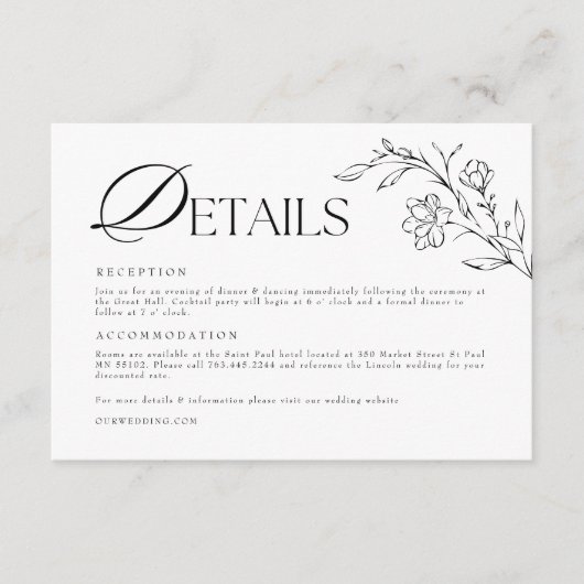 Boho Floral Moderne Minimalistische Bruiloft Detai Informatiekaartje (Voorkant)