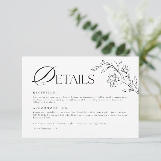 Boho Floral Moderne Minimalistische Bruiloft Detai Informatiekaartje (Staand voorkant)