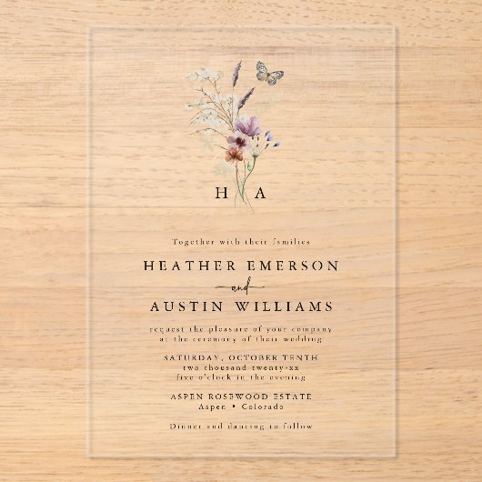 Boho Floral Monogrammed Wedding Acryl Uitnodigingen (Voorkant)