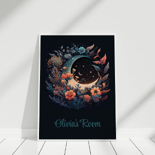 Boho Floral Moon met aangepaste naam Poster
