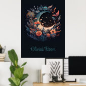 Boho Floral Moon met aangepaste naam Poster (Thuiskantoor)