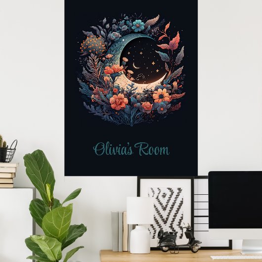 Boho Floral Moon met aangepaste naam Poster (Thuiskantoor)