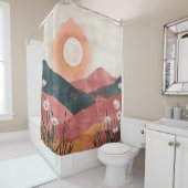 Boho Floral Mountain Sunset - Rustieke Natuur Douchegordijn (In situ)