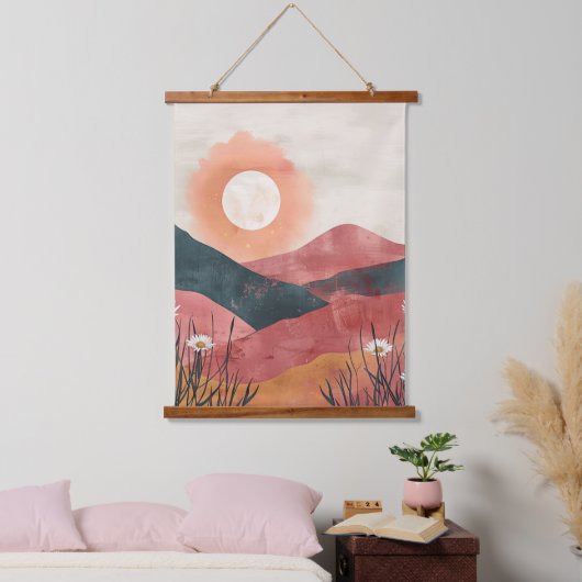Boho Floral Mountain Sunset - Rustieke Natuur Hangend Wandkleed (Slaapkamer)