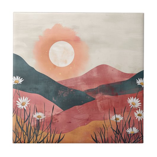 Boho Floral Mountain Sunset - Rustieke Natuur Tegeltje (Voorkant)