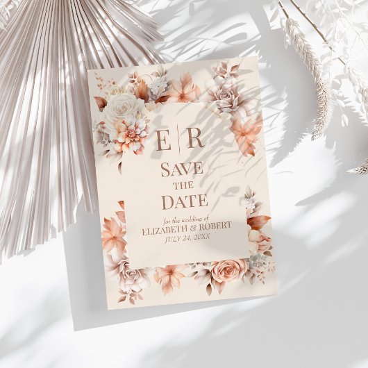 Boho Floral Mousse Monogram Huwelijk Save the Date Kaart