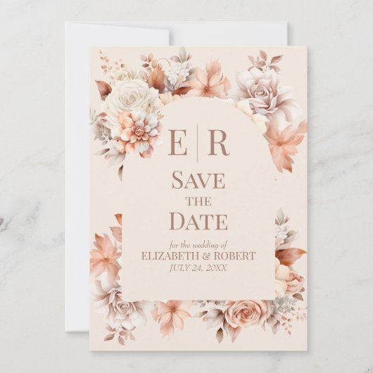 Boho Floral Mousse Monogram Huwelijk Save the Date Kaart (Voorkant)