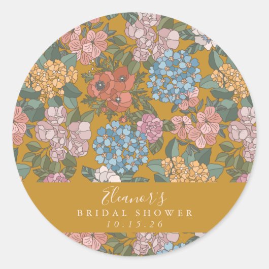 Boho Floral Mustard Yellow Custom Vrijgezellenfees Ronde Sticker (Voorkant)