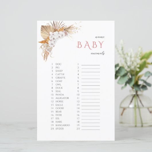 Boho Floral Name Baby Animals Baby shower Game (Staand voorkant)