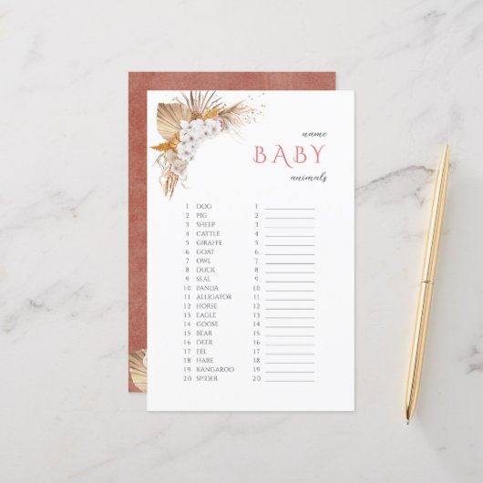 Boho Floral Name Baby Animals Baby shower Game (Voorkant / Achterkant in situ)