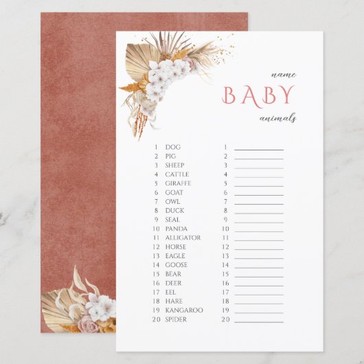 Boho Floral Name Baby Animals Baby shower Game (Voorkant / Achterkant)